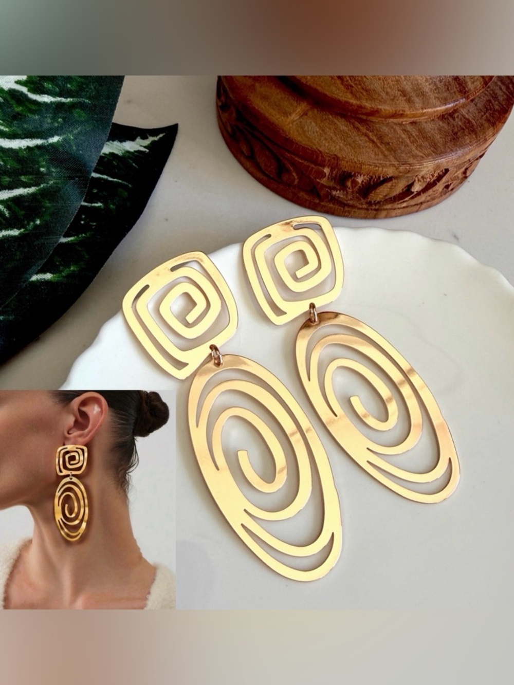 2/$30🌵 Gold Swirl Flat Oval Square Disc Hanging Earrings Geo Bohemian Gift NEW